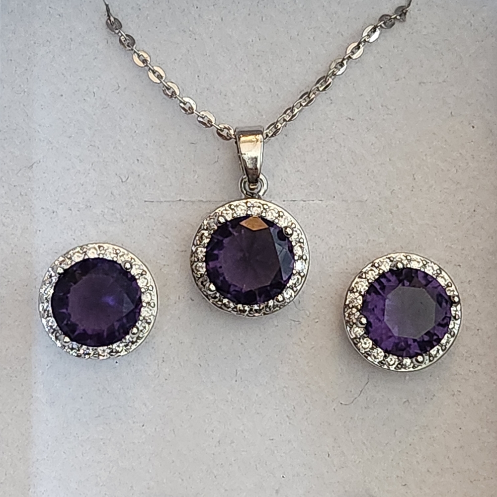 Amethyst and White Gold Tone Jewelry Set